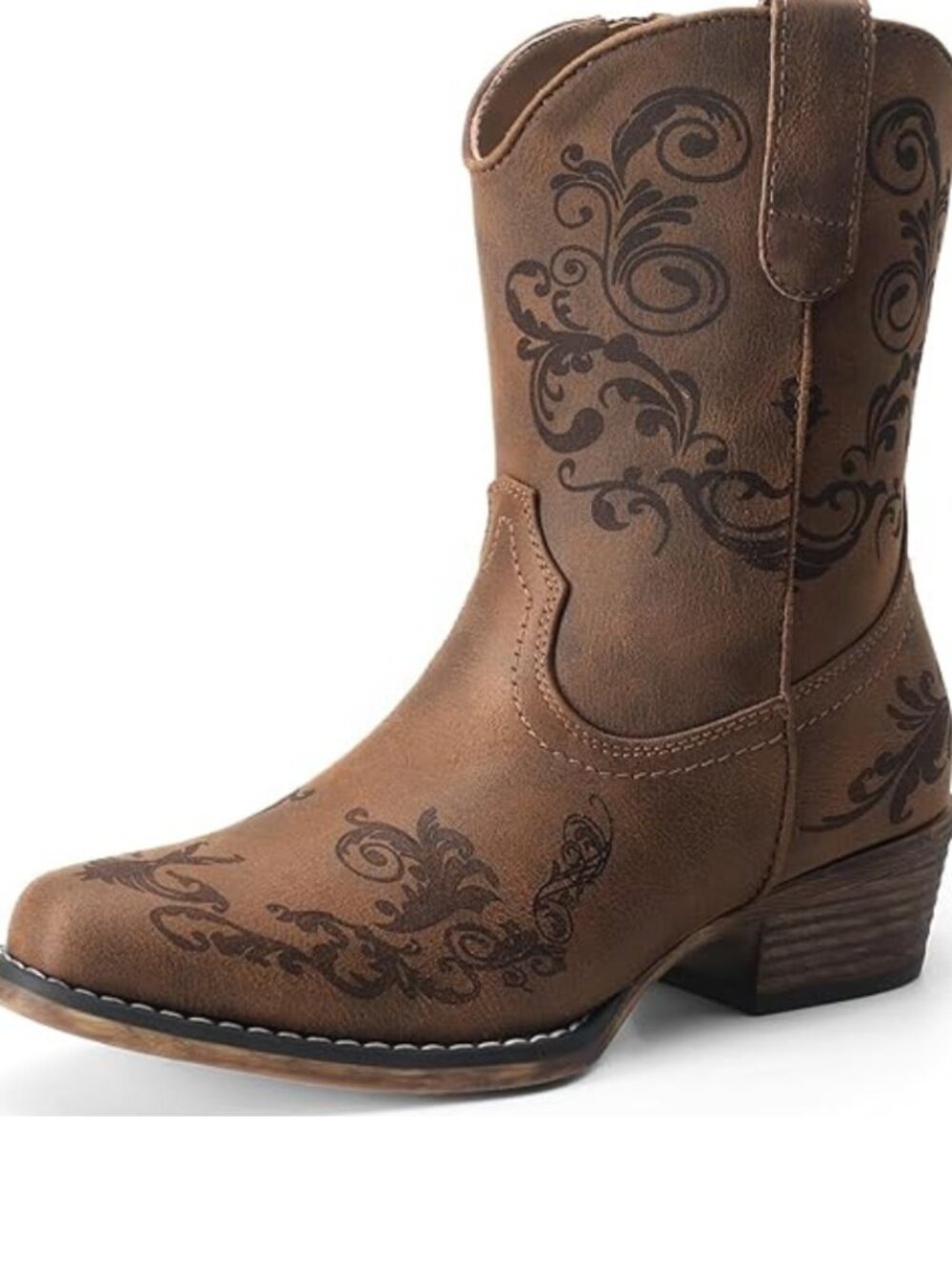 Women's Tan faux leather Cowgirl Boots Low Chunky Heels Toe Fall Short Shoes